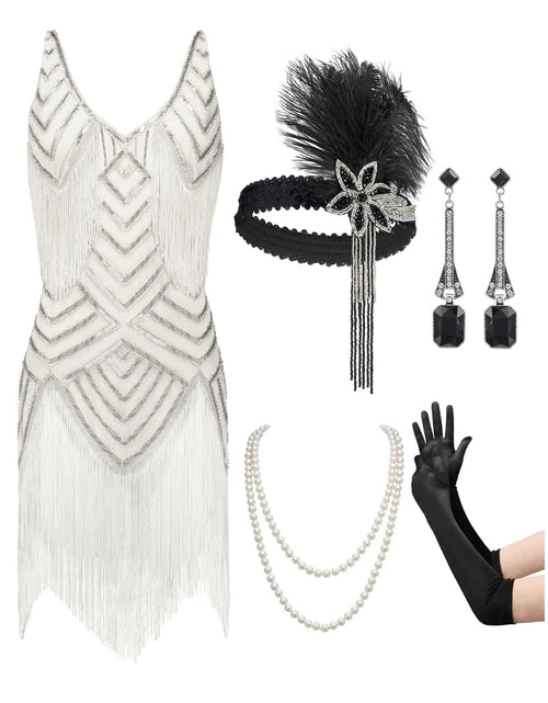 Load image into Gallery viewer, SWEETV 1920s Dresses For WomenFlapper Dresses 1920s Great Gatsby Dresses for Women Roaring 20s Costumes With 20s Accessories Set For Harlem Nights Fringe Flapper CostumesSmallWhite
