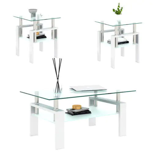 Juego de 2, mesa de té, café y auxiliar de vidrio templado moderno, mesa cuadrada para sala de estar, blanco transparente