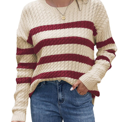 ZAFUL Womens Striped Sweaters Casual Crew Neck Long Sleeve Pullover Oversized Cable Knit Loose Jumper Tops