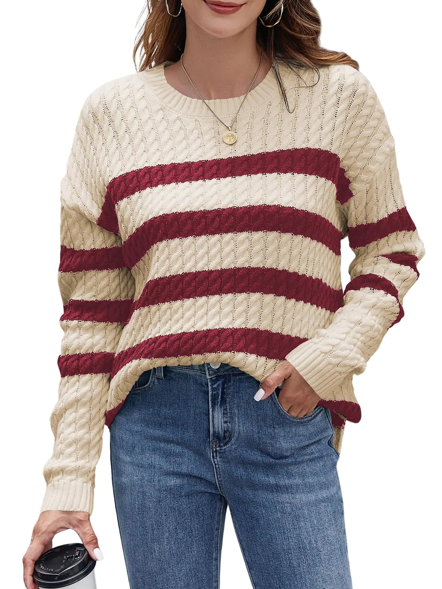 ZAFUL Womens Striped Sweaters Casual Crew Neck Long Sleeve Pullover Oversized Cable Knit Loose Jumper Tops