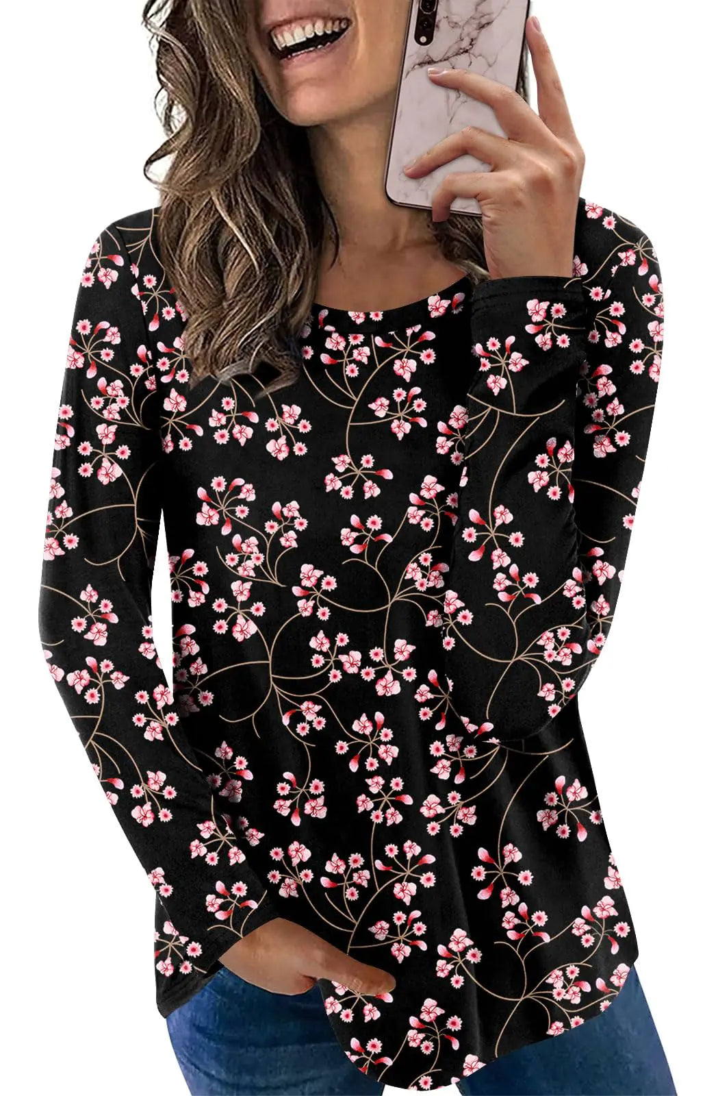 HOTGIFT Womans Casual Tunics Tops Long Sleeve Crewneck Shirts Loose Comfortable Blouse Gypsophila Medium