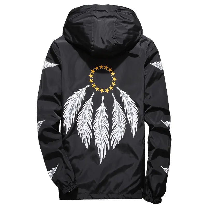 Hooded Jacket with Feather Print Plus Size Jacket
