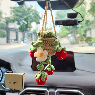 96CRVFT Lindo Girasol de Crochet Fresa Colgante para Plantas para Accesorios de Coche Decoración Estética Espejo Retrovisor Adorno Colgante para Mujeres y Hombres Hecho a Mano Lindo Coche Interior Decoración Accesorios Regalo
