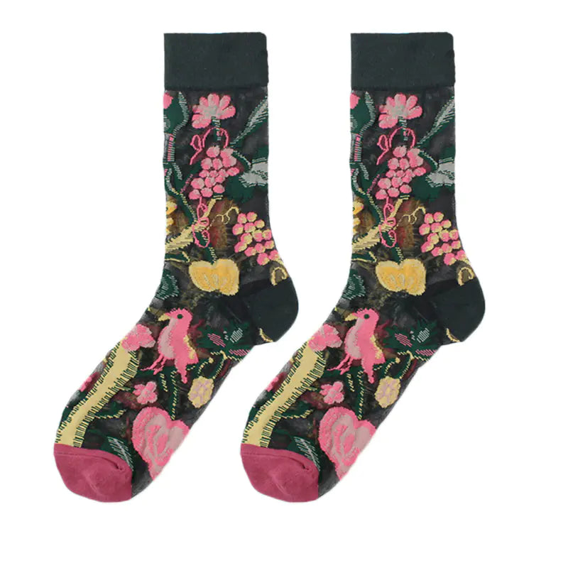 Fashionable Thin Mid Tube Flower Forest Glass Stockings