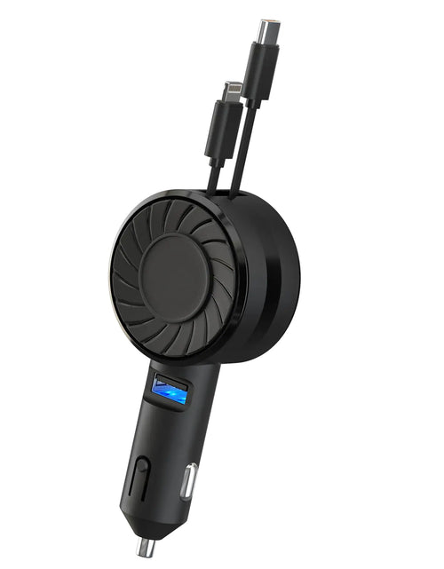 Cargar imagen en el visor de la galería, Cargador retráctil para coche 3 en 1, cargador de coche de carga rápida de 50 W, mini adaptador de coche con 2 cables + 1 puerto, cargador USB C para mechero de coche para Apple iPhone 15 Pro/Samsung/Android/Pixel
