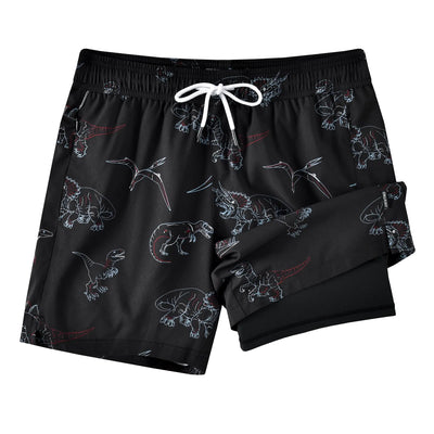 CKIVTNO Mens 5.5 inch Dinosaur Printed Hawaiian Short Swim Trunks Compression Liner Quick Dry Summer Swimwear Bathing Suits Boardshorts Beach Wear