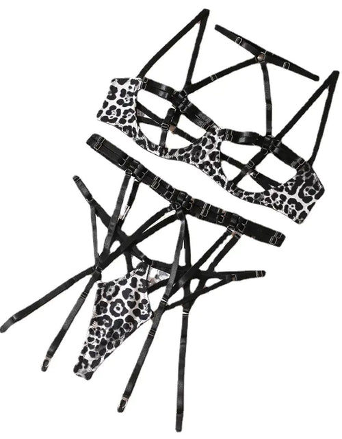 Load image into Gallery viewer, Fetish Lingerie Leopard Print Cutout Set with Stockings
