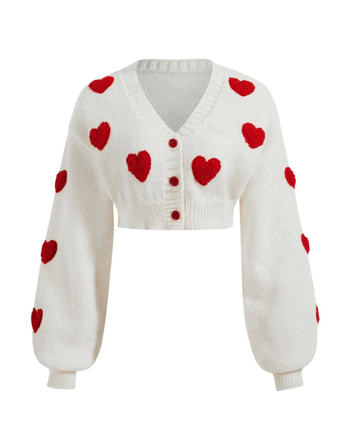 Load image into Gallery viewer, GORGLITTER Womens Cherry Button Up Cropped Cardigans Long Sleeve V Neck Coquette Sweaters White Heart X-Large
