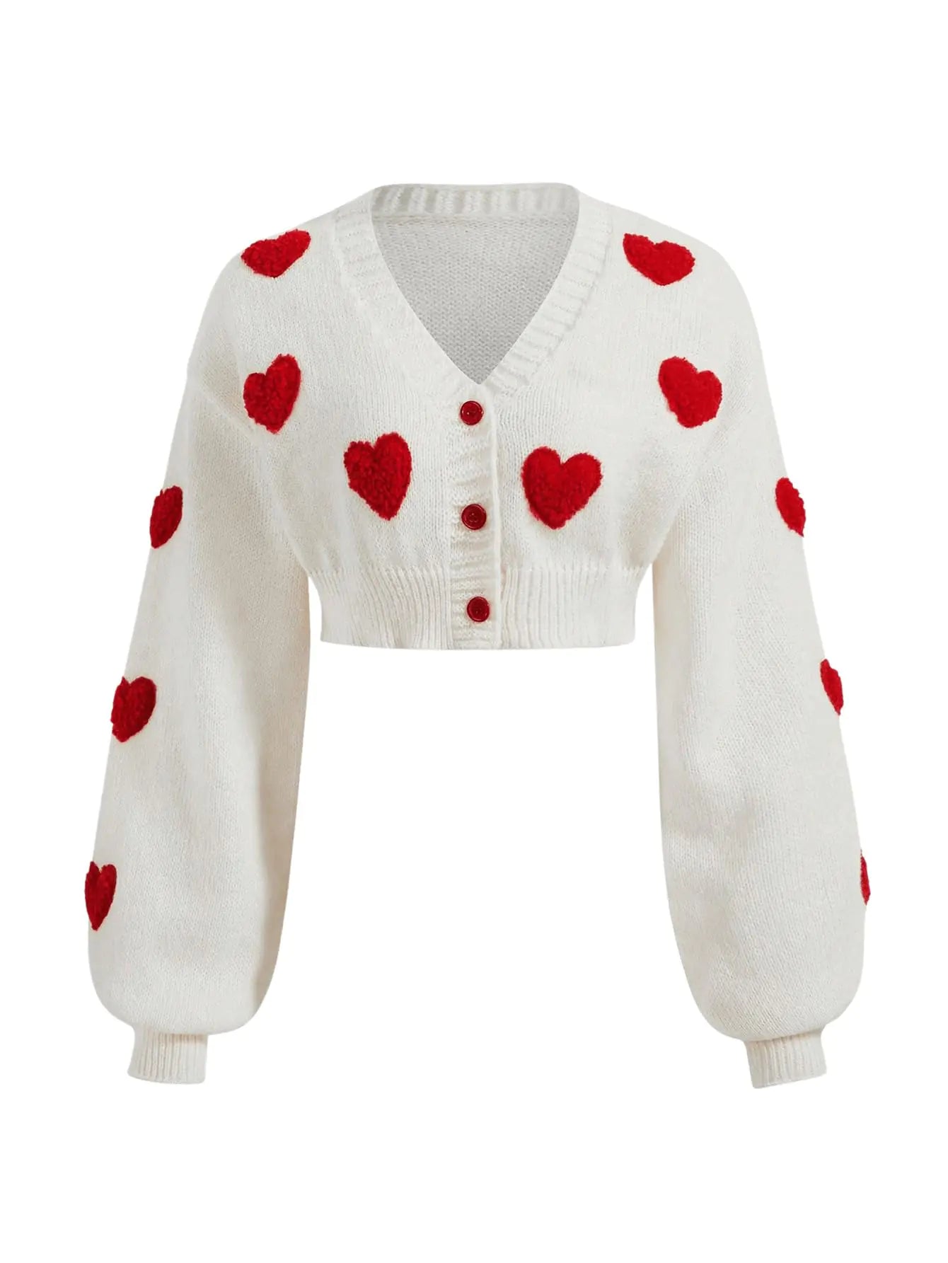 GORGLITTER Womens Cherry Button Up Cropped Cardigans Long Sleeve V Neck Coquette Sweaters White Heart X-Large