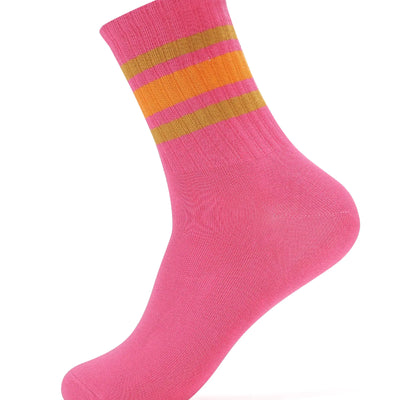 Forony Chaussettes hautes rose vif pour femmes Chaussettes de sport en coton anti-odeur légères à rayures pour femmes