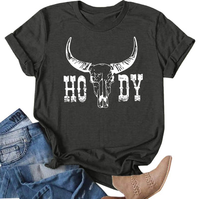 Howdy Shirt Women Cow Skull Shirt Western Country T Shirts Vintage Cowgirl Shirts Casual Short Sleeve Tee Tops