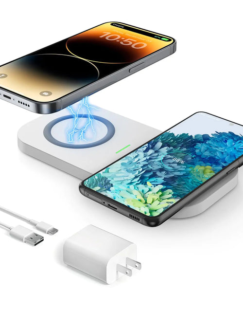 Cargar imagen en el visor de la galería, Cargador inalámbrico dobleJoyGeek base de carga inalámbrica para iPhone 14 Plus/14 Pro/14/13 Pro Max/Pro/Mini/12Airpods 3/2Cargador inalámbrico para teléfono Samsung S22/S21Cargador inalámbrico rápido de 24 W (blanco)
