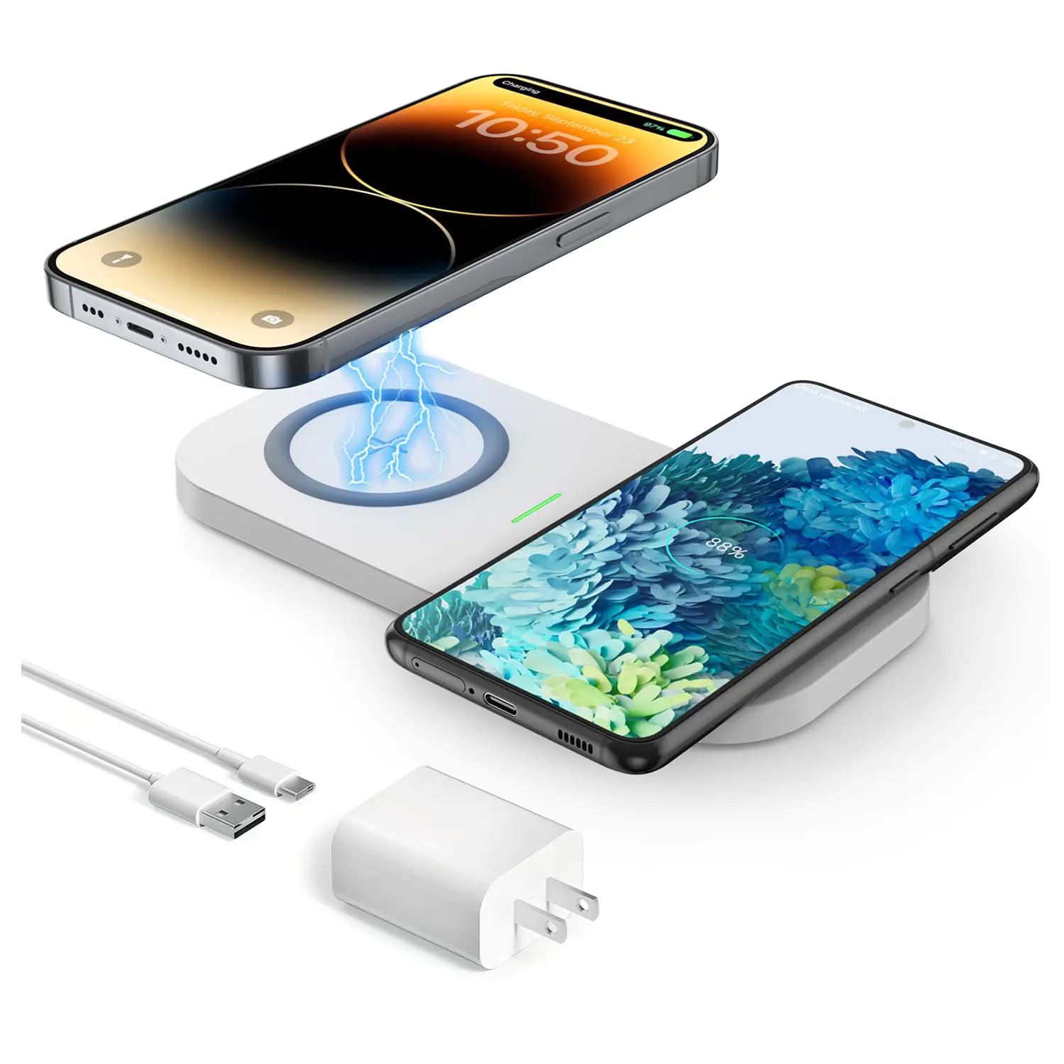 Cargador inalámbrico dobleJoyGeek base de carga inalámbrica para iPhone 14 Plus/14 Pro/14/13 Pro Max/Pro/Mini/12Airpods 3/2Cargador inalámbrico para teléfono Samsung S22/S21Cargador inalámbrico rápido de 24 W (blanco)
