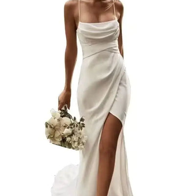 Dessiny Spaghetti Straps Wedding Dresses for Bride Long Split Sleeveless Sexy Boho Open Back Beach White Bridal Dresses 14