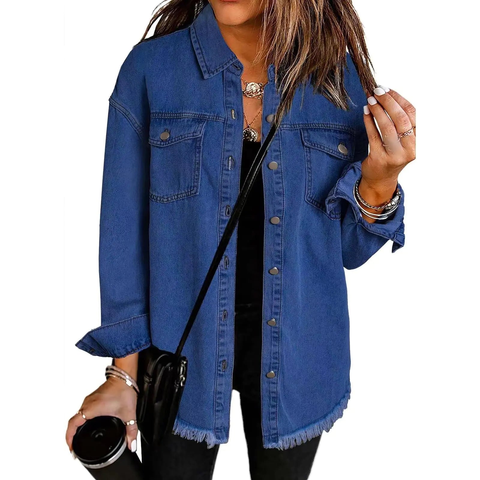 Womens Oversized Denim Jacket Lightweight Button Down Long Jean Jacket Casual Boyfriend Distresse Jacket Coats
