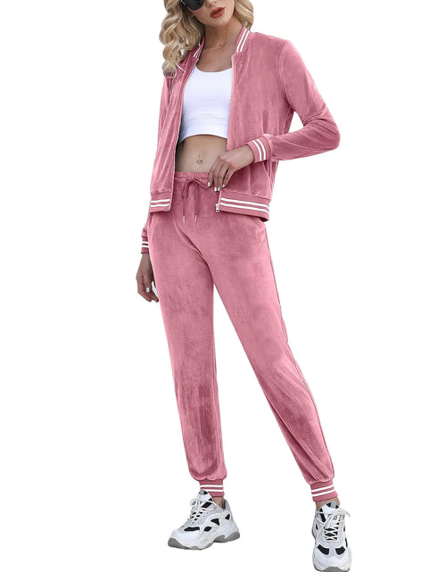 Load image into Gallery viewer, Totatuit Womens 2 Piece Velour Tracksuit Long Sleeve Sweatsuits Zip Up Velvet Jogging Suit Sets with Pockets Dark Pink Small

