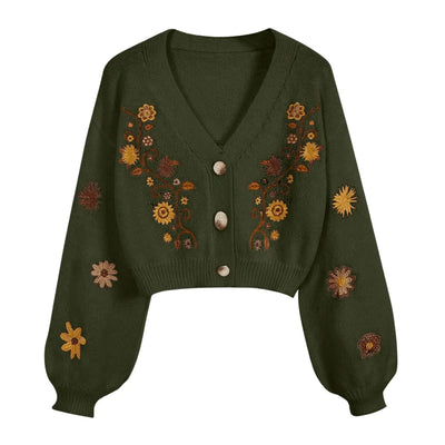 GORGLITTER Womens V Neck Floral Embroidered Cardigan Sweaters Lantern Sleeve Button Down Cropped Cardigan Army Green Medium