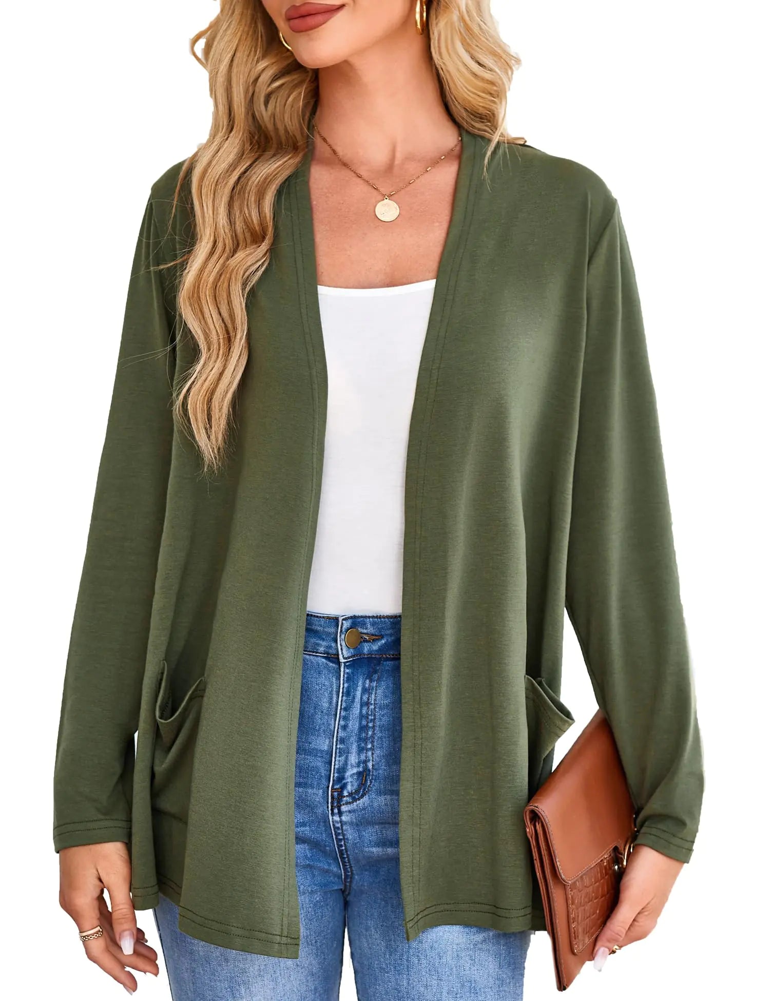 Yekaty Womens Long Sleeve Cardigan Sweaters Drape Front Open Lightweight Cardigan with Pocket Casual Dressy Green XL