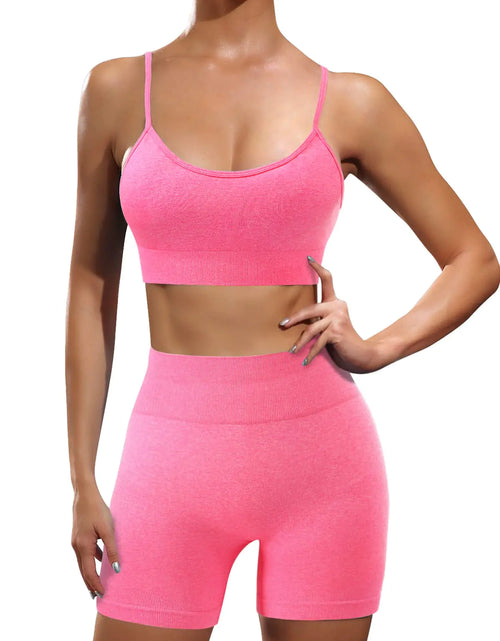 Load image into Gallery viewer, Ourgifts Workout Sets for Women 2 Piece Outfits Seamless High Waisted Workout Shorts Women with Sports Bra Sets Gym Clothes (Our10M-Hot Pink)
