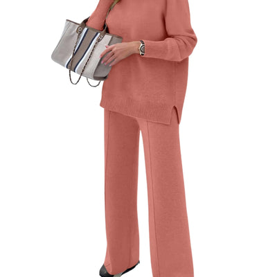 ANRABESS Womens 2 Piece Outfits Sweater Sets Loose Turtlenck Knit Pullover Top Wide Leg Pants 2024 Fall Lounge Sweatsuits Rust X-Large