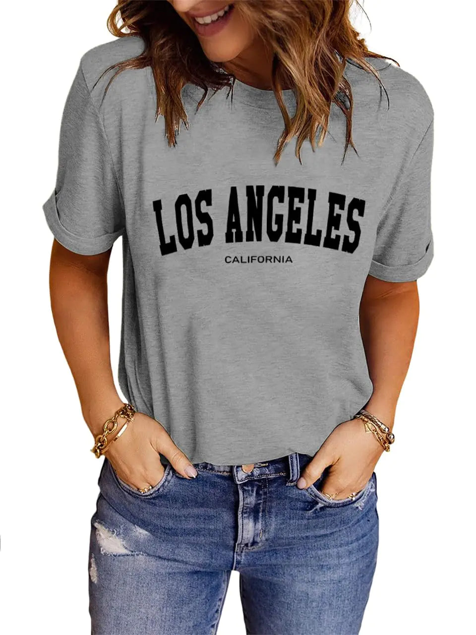 LINDOCITA Womens Los Angeles Graphic Tee Shirts Summer Trendy Cute Short Sleeve T-Shirts for Women Teen Girls Grey XL