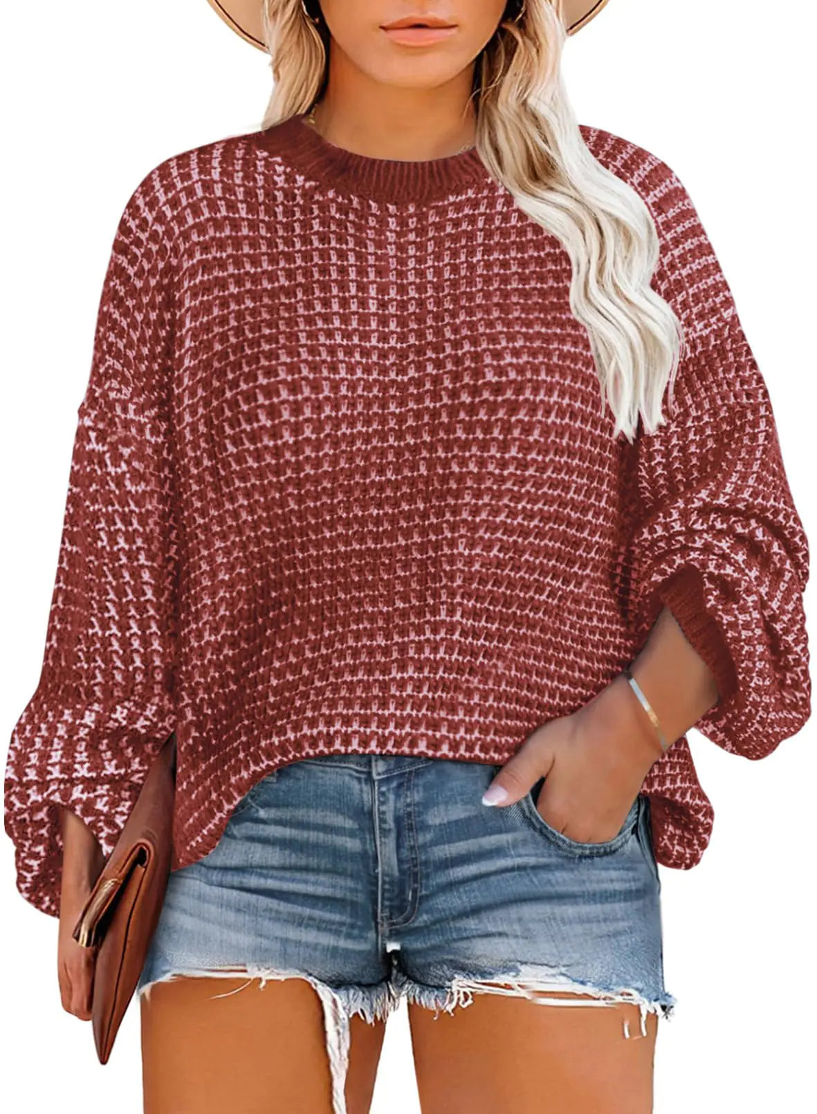 Eytino Womens Plus Size Sweaters Crewneck Lantern Sleeve Loose Knit Pullover Jumper TopsRed 2X