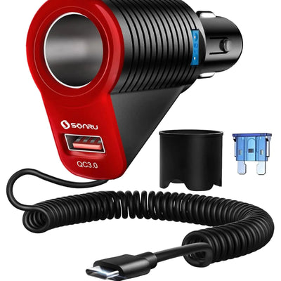 Cargador de coche USB C 3 en 1 Adaptador de cargador de teléfono para coche PD&QC 3.0 con cable en espiral tipo C de 1,8 m y 30 W con adaptador de encendedor de cigarrillos de coche de carga rápida de 120 W para iPhone 16/15 Pro Max Plus Moto/LG/Android