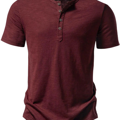 JEMITOP Mens Stretchy Short Sleeve Slim Fit Henley T-Shirt Casual Cotton 4 Buttons Muscle Tee Shirts Burgundy M