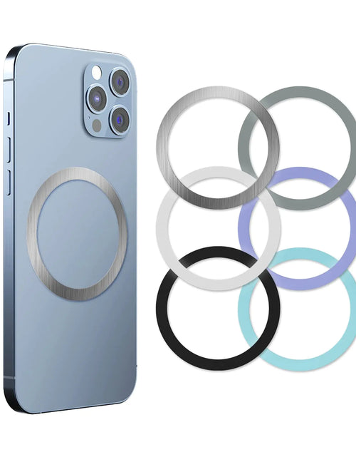 Load image into Gallery viewer, Cheukkee Adhesive Metal Ring StickerMag Ring Circle Attachment for Phone Casefor Magsafe Magnetic Wireless Charging 6 Pack Compatible Cell Phone iPhone Pixel (Black+White+Gray+Sliver+Green+Purple)
