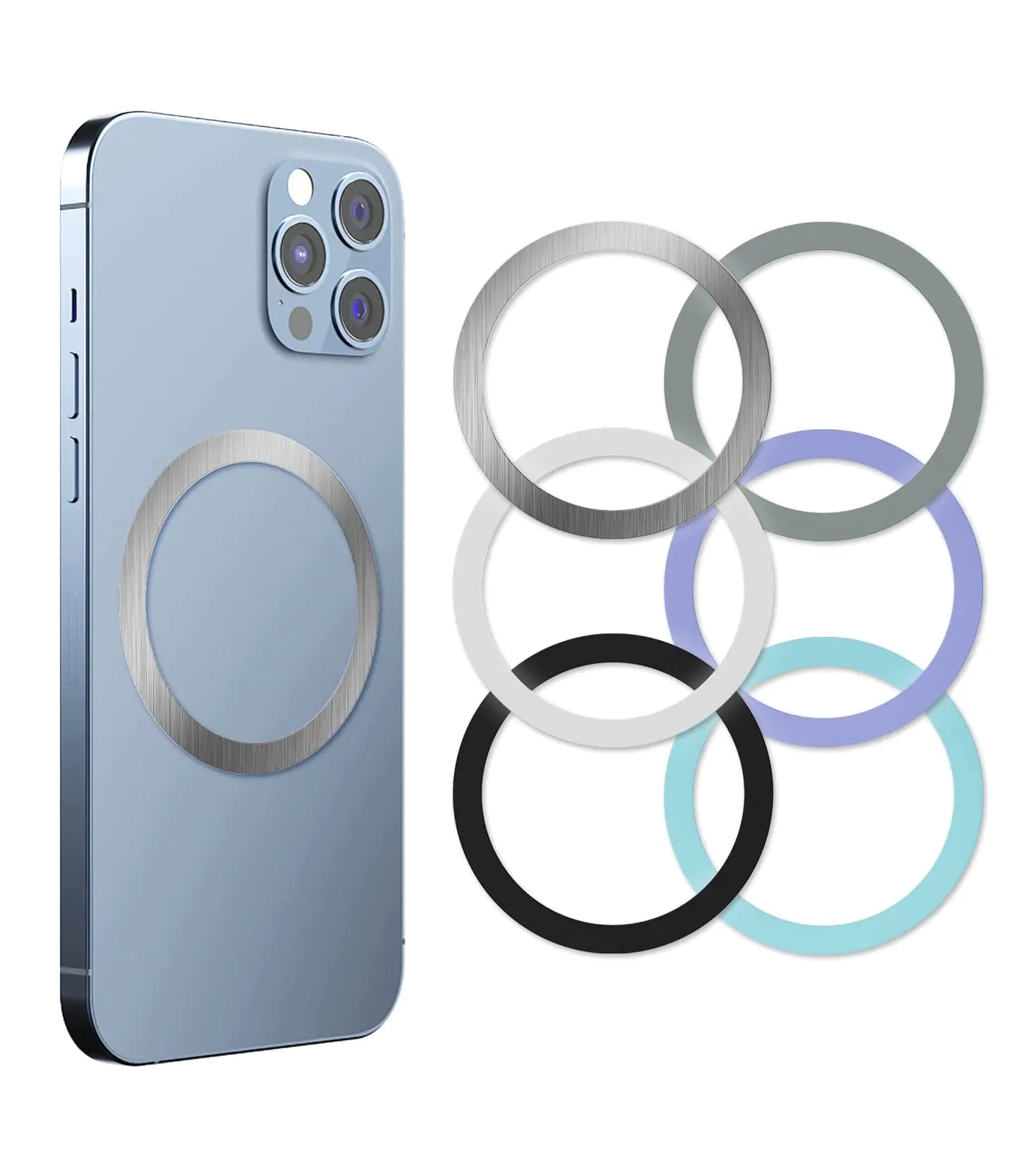Cheukkee Adhesive Metal Ring StickerMag Ring Circle Attachment for Phone Casefor Magsafe Magnetic Wireless Charging 6 Pack Compatible Cell Phone iPhone Pixel (Black+White+Gray+Sliver+Green+Purple)