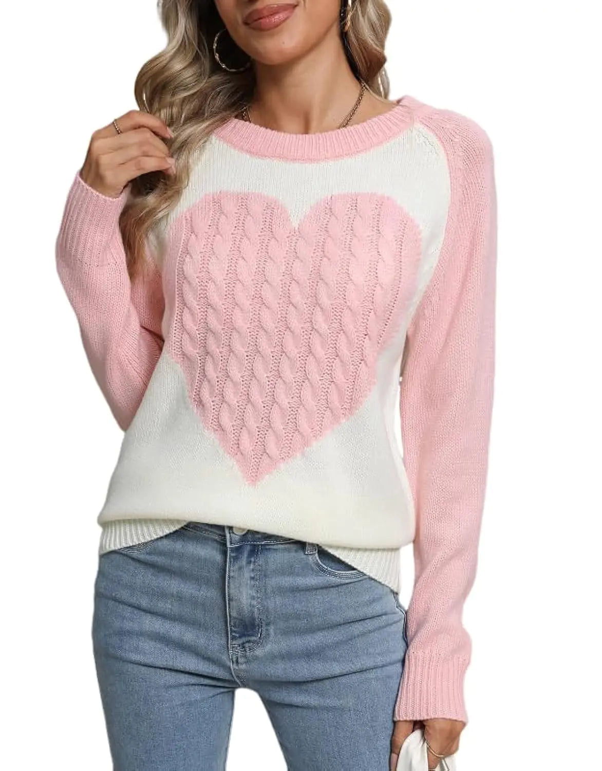 Drvitor Suéteres Pulóver de Mujer Bloques de Color Manga Larga Delantero Acanalado Tejido Lindo Corazón Suéter (Blanco y Rosa Mediano)