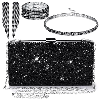 Jadive 4 Pcs Black Clutch Purse for Women Evening Bag Formal Rhinestone Clutch Bracelet Choker for Wedding Party Gift