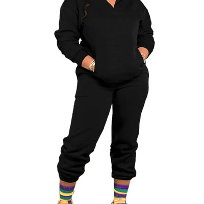 HTD Two Piece Outfits for Women Casual Long Sleeve Sweatsuits Set Comfy Pullover Tracksuit Matching Jogger Pants Sets Black XL