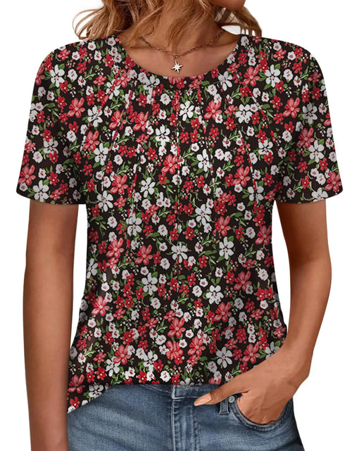 Load image into Gallery viewer, Womens Summer Pleated Crewneck Short Sleeve Tops Floral Printed T-Shirts Casual Loose Fit Basic Tee Shirts
