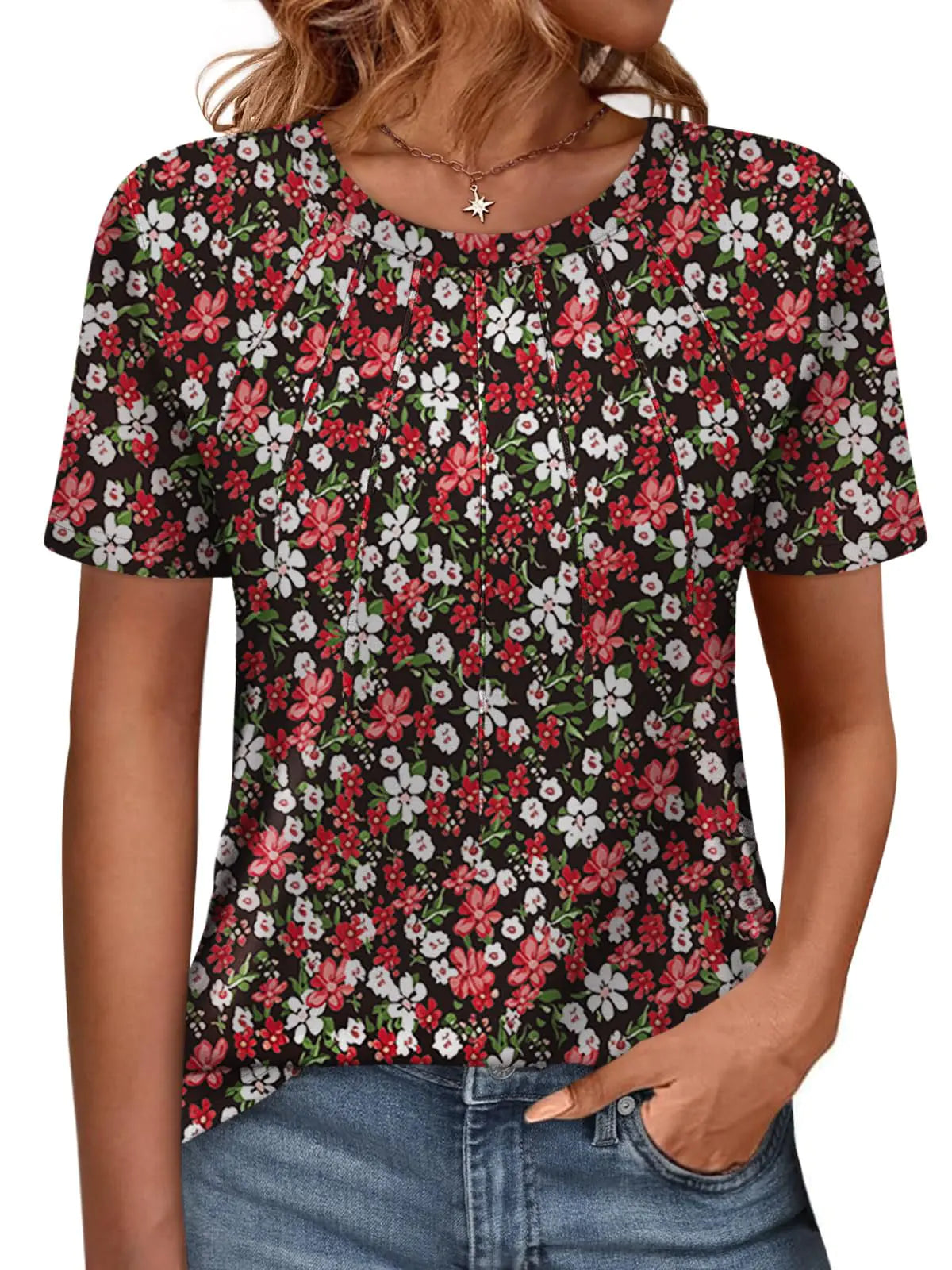 Womens Summer Pleated Crewneck Short Sleeve Tops Floral Printed T-Shirts Casual Loose Fit Basic Tee Shirts