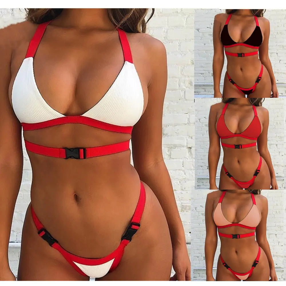 Solid Color Bikini Set with Buckle Swimwear