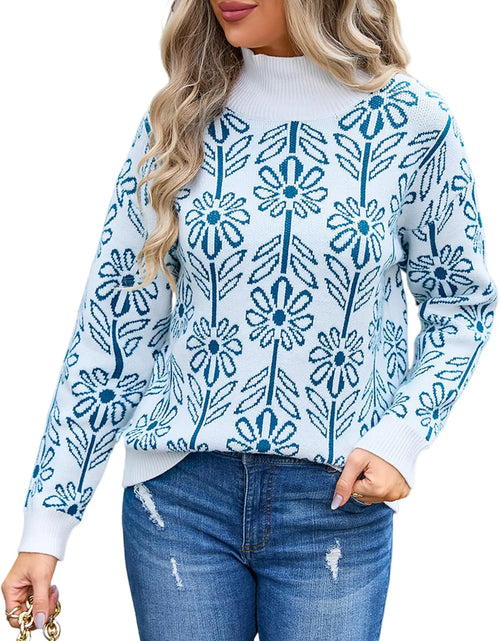 Load image into Gallery viewer, Arssm Pullover Sweaters Women Mock Neck Long Sleeve Flower Knit Sweaters Tops Fall Outfits(Blue-M)
