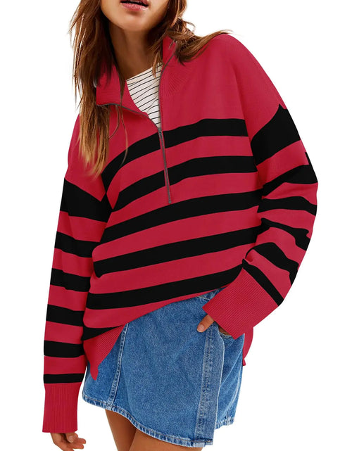 Load image into Gallery viewer, Yousify Sweaters for Women 2024 Winter Long Sleeve Quarter Zip Pullovers Turtleneck Striped Loose Jumper Tops Red
