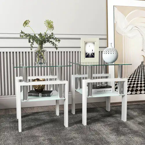 Juego de 2, mesa de té, café y auxiliar de vidrio templado moderno, mesa cuadrada para sala de estar, blanco transparente
