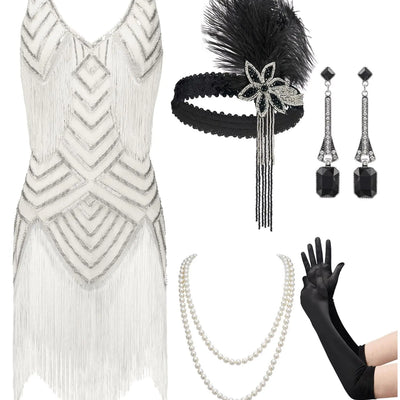 SWEETV 1920s Dresses For WomenFlapper Dresses 1920s Great Gatsby Dresses for Women Roaring 20s Costumes With 20s Accessories Set For Harlem Nights Fringe Flapper CostumesSmallWhite