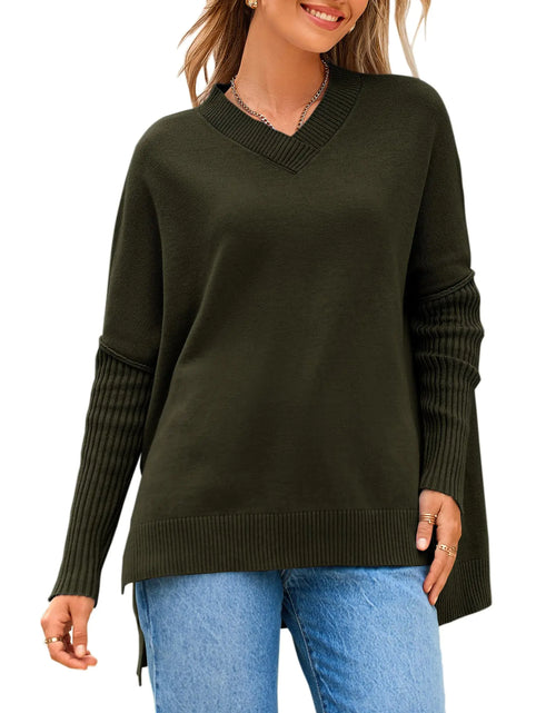 Load image into Gallery viewer, NOLLSOM Womens Sweaters Batwing Long Sleeve Sweaters 2024 Fall Oversized Ribbed Knit Side Slit V Neck Pullover Tops(Solid Army GreenX-Large)
