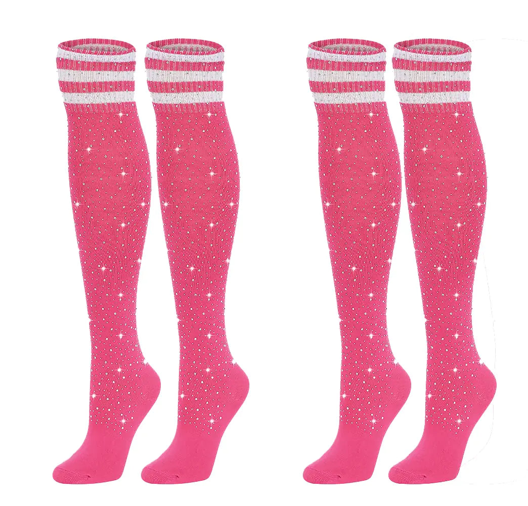 ANNTXL Medias altas hasta la rodilla con diamantes de imitación para mujer, calcetines de punto a rayas, calentadores de piernas para eventos de Navidad y San Valentín