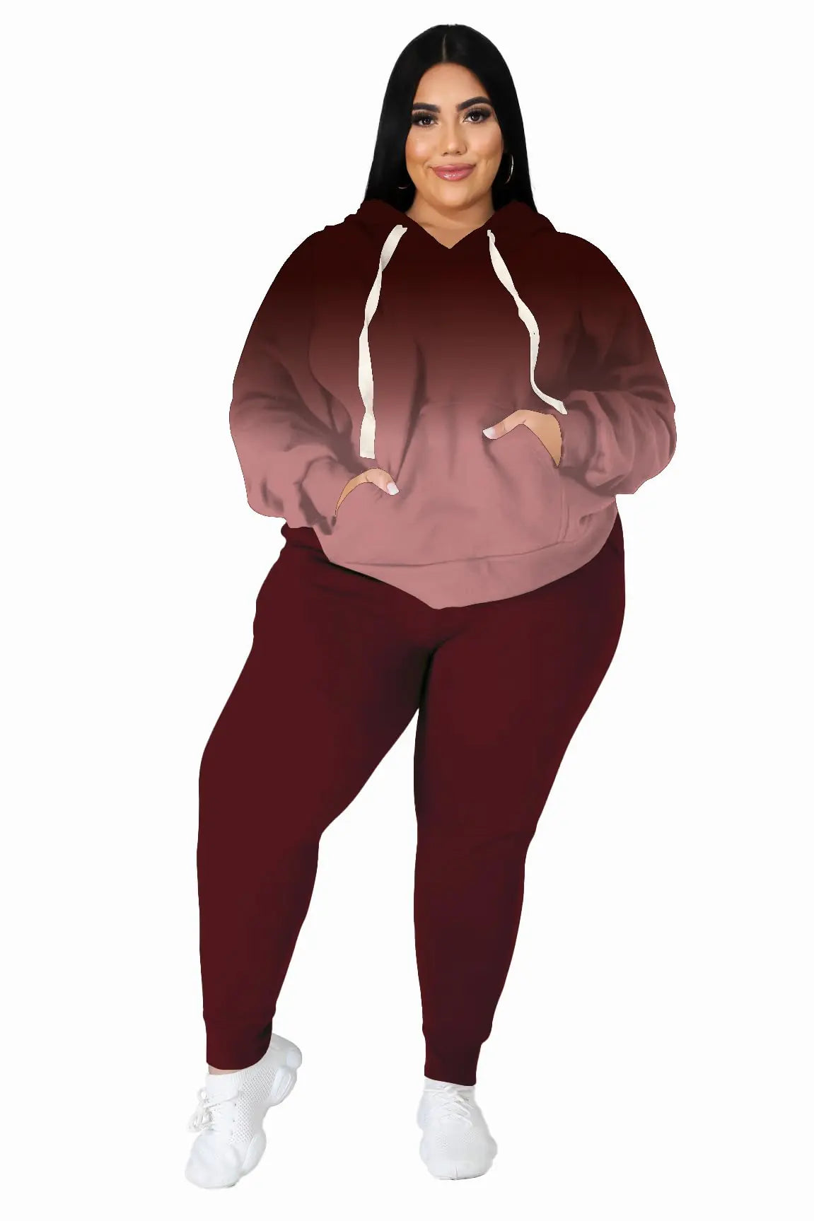 Tycorwd Womens Plus Size Two Piece Outfits Sweatsuits Sets Long Sleeve Loungewear Tracksuit Sets Wine red Gradual1 3XL