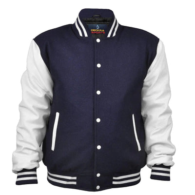 Mens Varsity Jacket Genuine Leather Sleeve and Wool Blend Letterman Boys College Varsity Jackets XS-5XL (US Alpha 5X-Large Regular Regular Navy Blue/White)