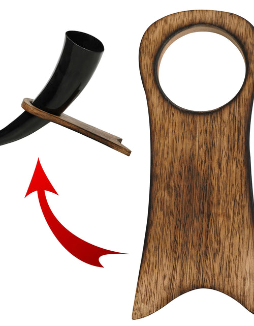 Load image into Gallery viewer, Mythrojan Solid Wood Drinking Horn Rack Handcrafted Medieval Viking Mead Ale Horn Stand Elegant Wooden Display for Viking Drinking Horns - Natural Finish
