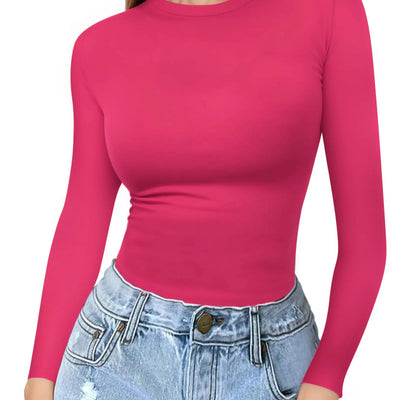 T-shirt à manches longues à col rond MANGOPOP pour femmes, coupe ajustée, col montant, hauts basiques (LargeRose Pink)