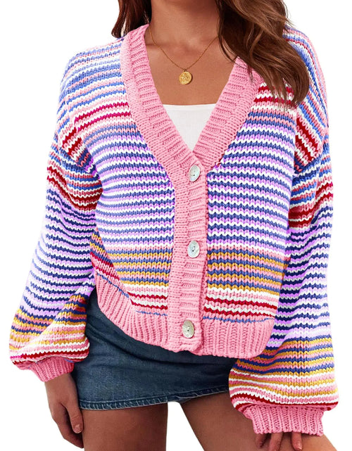 Load image into Gallery viewer, Saodimallsu Womens Striped Cardigan Sweaters Oversized Puff Sleeve Button Up V Neck Color Block Knit Sweater Coat Pink
