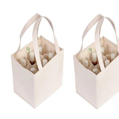 Reusable Canvas Wine Tote for 6 Bottles - Extremely Sturdy and Washable Cotton Wine Bag - Easy and Convenient to Shop for Wine with Reusable Wine Totes (2 Bags)