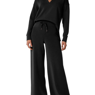 Glamaker Womens 2 Piece Sets Outfits Oversized Sweatsuits Long Sleeve Polo Top and Wide Leg Pants Matching Sets (Black S)