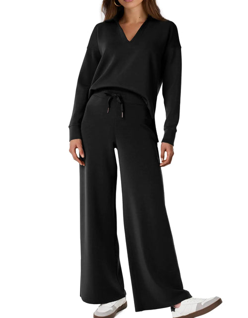 Load image into Gallery viewer, Glamaker Womens 2 Piece Sets Outfits Oversized Sweatsuits Long Sleeve Polo Top and Wide Leg Pants Matching Sets (Black S)
